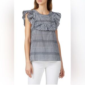 Waverly Grey Gingham Ruffle Babydoll Top XS Navy White Flutter Sleeve
